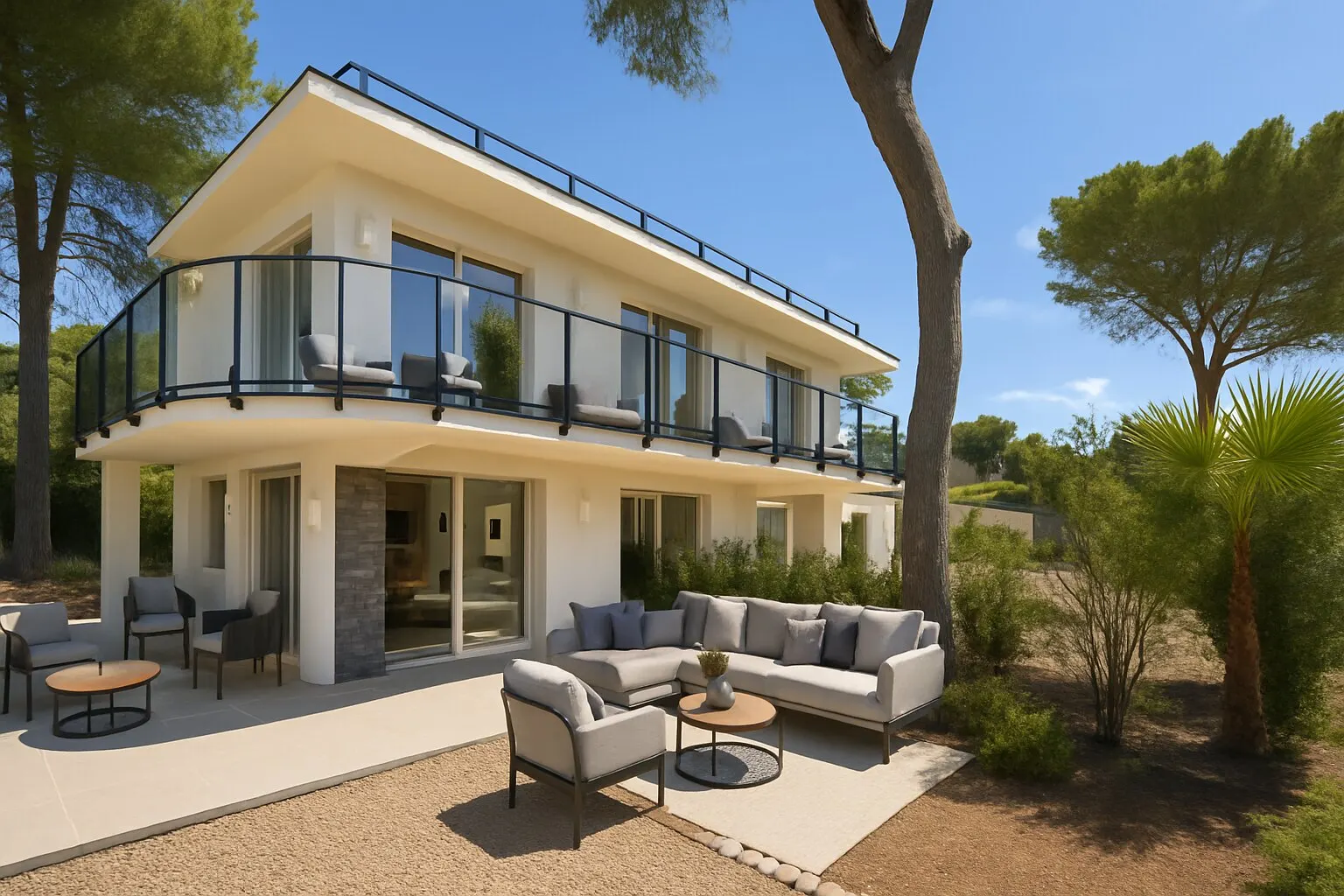 Maison rénovée à Saint-Raphaël Boulouris, terrasse et pins parasols